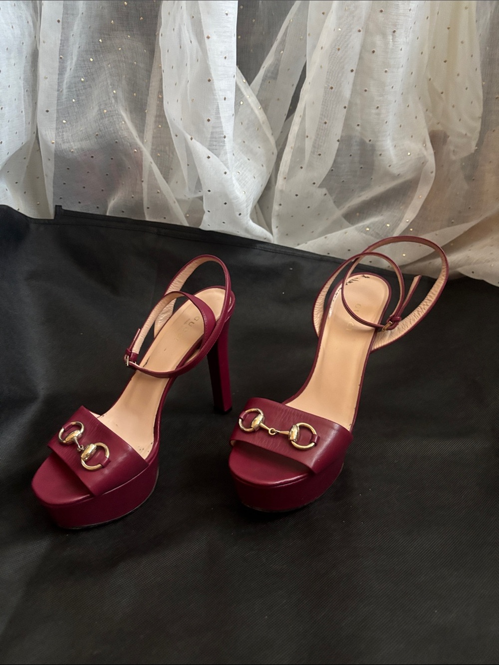 Gucci Wine Red Platform Ankle-Strap Heels with Gold Horsebit